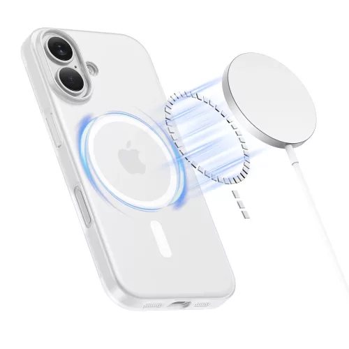 Apple iPhone 17, Műanyag hátlap védőtok + szilikon keret, közepesen ütésálló, Magsafe töltővel kompatibilis, Magslim Magsafe, áttetsző/fehér