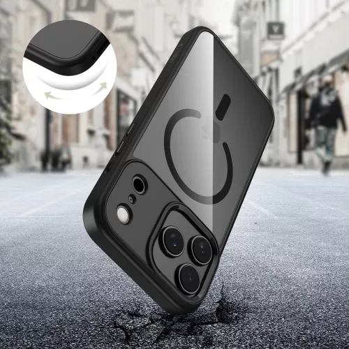 Apple iPhone 17 Pro, Műanyag hátlap védőtok + szilikon keret, Magsafe töltővel kompatibilis, Magmat Magsafe, átlátszó/fekete