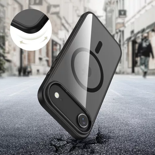 Apple iPhone Air (2025), Műanyag hátlap védőtok + szilikon keret, Magsafe töltővel kompatibilis, Magmat Magsafe, átlátszó/fekete