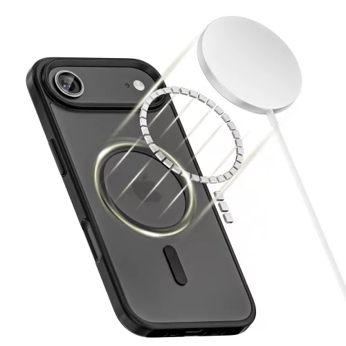 Apple iPhone Air (2025), Műanyag hátlap védőtok + szilikon keret, Magsafe töltővel kompatibilis, Magmat Magsafe, áttetsző/fekete
