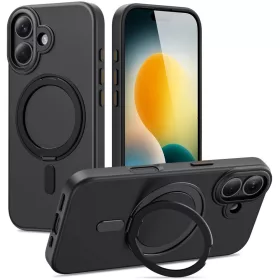   Apple iPhone 17, Műanyag hátlap védőtok + szilikon keret, kitámasztóval, ujjtámasz, Magsafe töltővel kompatibilis, Magring Magsafe, áttetsző/fekete