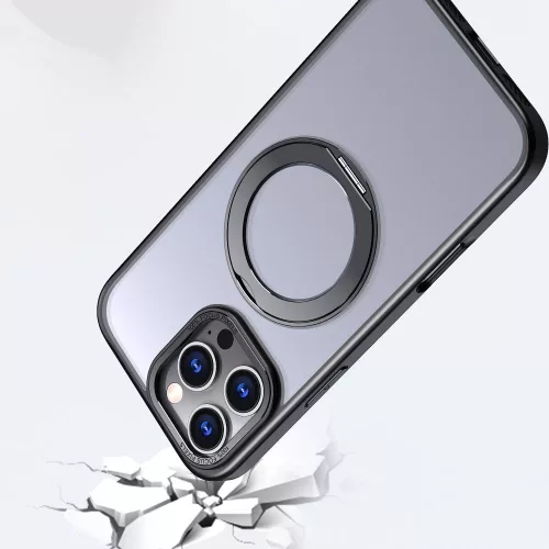 Apple iPhone 17, Műanyag hátlap védőtok + szilikon keret, kitámasztóval, ujjtámasz, Magsafe töltővel kompatibilis, Magring Magsafe, áttetsző/fekete