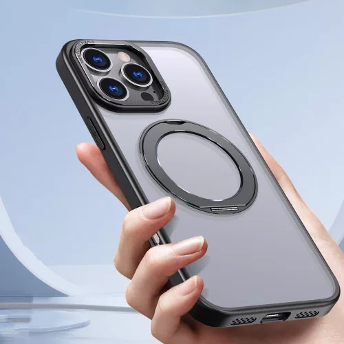 Apple iPhone 17, Műanyag hátlap védőtok + szilikon keret, kitámasztóval, ujjtámasz, Magsafe töltővel kompatibilis, Magring Magsafe, áttetsző/fekete