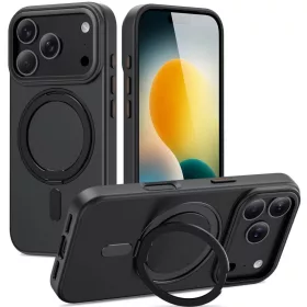   Apple iPhone 17 Pro Max, Műanyag hátlap védőtok + szilikon keret, kitámasztóval, ujjtámasz, Magsafe töltővel kompatibilis, Magring Magsafe, áttetsző/fekete