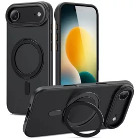   Apple iPhone Air (2025), Műanyag hátlap védőtok + szilikon keret, kitámasztóval, ujjtámasz, Magsafe töltővel kompatibilis, Magring Magsafe, áttetsző/fekete