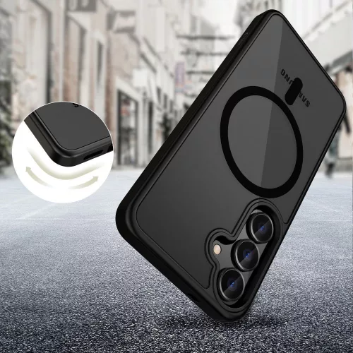 Samsung Galaxy S25 Plus SM-S936, Műanyag hátlap védőtok + szilikon keret, Magsafe töltővel kompatibilis, Magmat Magsafe, áttetsző/fekete