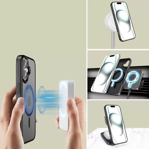 Samsung Galaxy S25 Plus SM-S936, Műanyag hátlap védőtok + szilikon keret, Magsafe töltővel kompatibilis, Magmat Magsafe, áttetsző/fekete