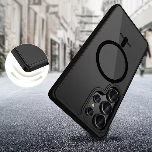 Samsung Galaxy S25 Ultra SM-S938, Műanyag hátlap védőtok + szilikon keret, Magsafe töltővel kompatibilis, Magmat Magsafe, áttetsző/fekete