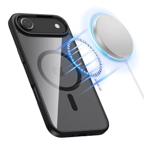 Apple iPhone 16e / 17e, Műanyag hátlap védőtok + szilikon keret, Magsafe töltővel kompatibilis, Magmat Magsafe, átlátszó/fekete