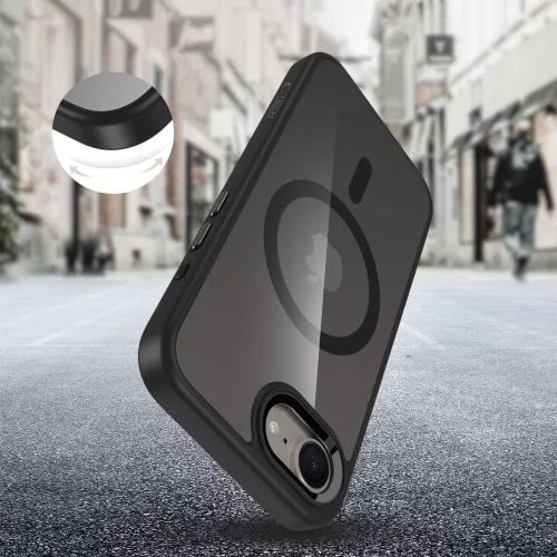 Apple iPhone 16e / 17e, Műanyag hátlap védőtok + szilikon keret, Magsafe töltővel kompatibilis, Magmat Magsafe, átlátszó/fekete