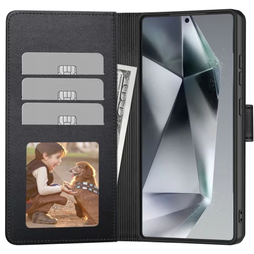 Samsung Galaxy S25 SM-S931, Oldalra nyíló tok, stand, mágnes csattal, TP Wallett, fekete