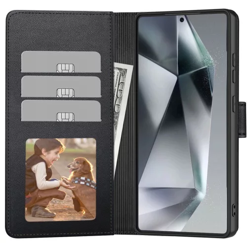 Samsung Galaxy S25 FE SM-S731, Oldalra nyíló tok, stand, mágnes csattal, TP Wallett, fekete