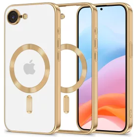   Apple iPhone 16e / 17e, Műanyag hátlap védőtok + szilikon keret, közepesen ütésálló, Magsafe töltővel kompatibilis, fényes keret, Magflex Magsafe, átlátszó/arany