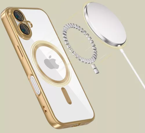 Apple iPhone 16e / 17e, Műanyag hátlap védőtok + szilikon keret, közepesen ütésálló, Magsafe töltővel kompatibilis, fényes keret, Magflex Magsafe, átlátszó/arany