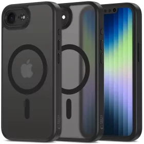   Apple iPhone 16e / 17e, Műanyag hátlap védőtok + szilikon keret, Magsafe töltővel kompatibilis, kameravédő kerettel, Magcam Magsafe, áttetsző/fekete