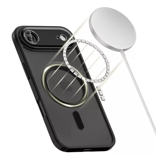 Apple iPhone 16e / 17e, Műanyag hátlap védőtok + szilikon keret, Magsafe töltővel kompatibilis, kameravédő kerettel, Magcam Magsafe, áttetsző/fekete