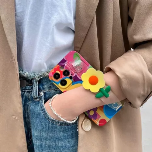 Apple iPhone 16 Pro, Szilikon tok, kézpánttal, virág minta, Flower Case, mintás