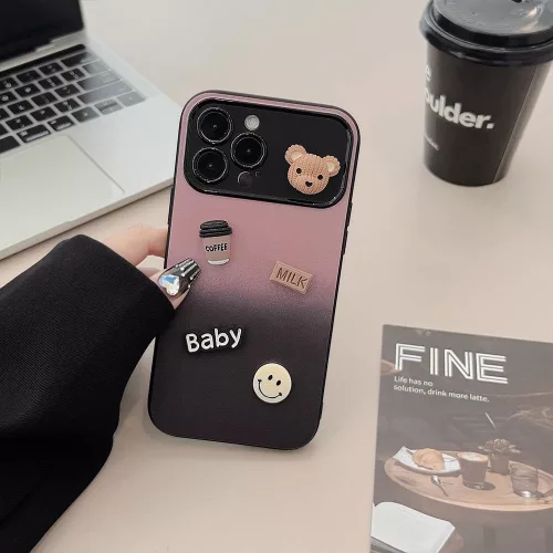 Apple iPhone 11, Szilikon tok, színátmenetes, 3D maci, kávé, smile minta, Teddy Bear Coffee Case, rózsaszín/fekete