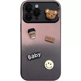   Apple iPhone 15 Pro, Szilikon tok, színátmenetes, 3D maci, kávé, smile minta, Teddy Bear Coffee Case, rózsaszín/fekete