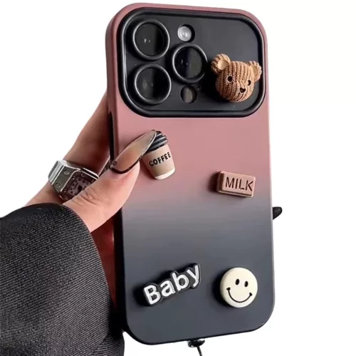 Apple iPhone 15 Pro, Szilikon tok, színátmenetes, 3D maci, kávé, smile minta, Teddy Bear Coffee Case, rózsaszín/fekete