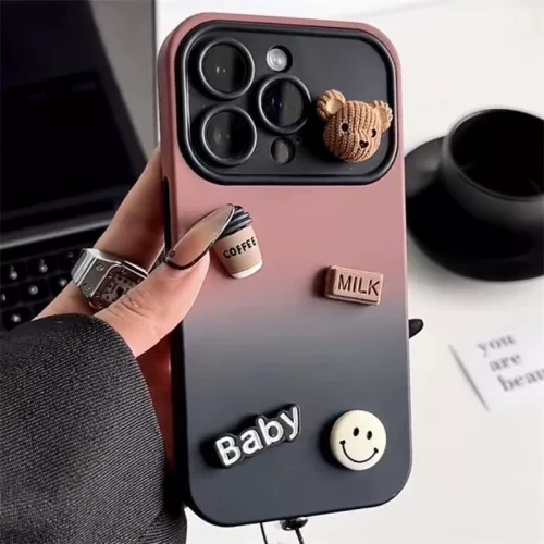 Apple iPhone 15 Pro, Szilikon tok, színátmenetes, 3D maci, kávé, smile minta, Teddy Bear Coffee Case, rózsaszín/fekete