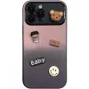Apple iPhone 16, Szilikon tok, színátmenetes, 3D maci, kávé, smile minta, Teddy Bear Coffee Case, rózsaszín/fekete