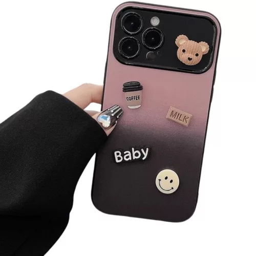 Apple iPhone 16, Szilikon tok, színátmenetes, 3D maci, kávé, smile minta, Teddy Bear Coffee Case, rózsaszín/fekete