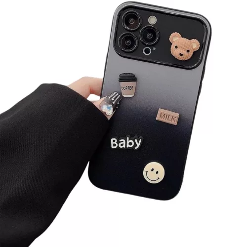 Apple iPhone 12, Szilikon tok, színátmenetes, 3D maci, kávé, smile minta, Teddy Bear Coffee Case, szürke/fekete