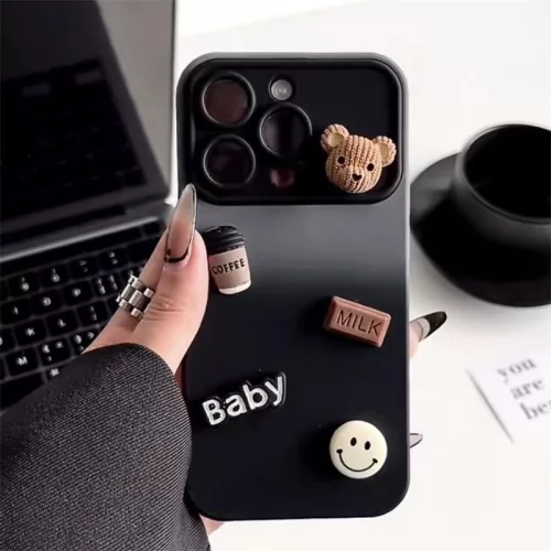 Apple iPhone 14, Szilikon tok, színátmenetes, 3D maci, kávé, smile minta, Teddy Bear Coffee Case, szürke/fekete