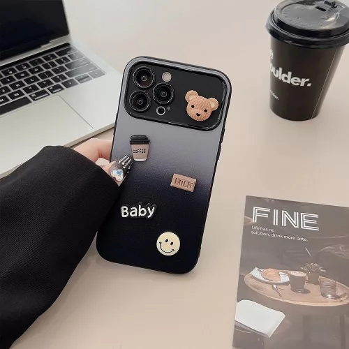 Apple iPhone 14, Szilikon tok, színátmenetes, 3D maci, kávé, smile minta, Teddy Bear Coffee Case, szürke/fekete