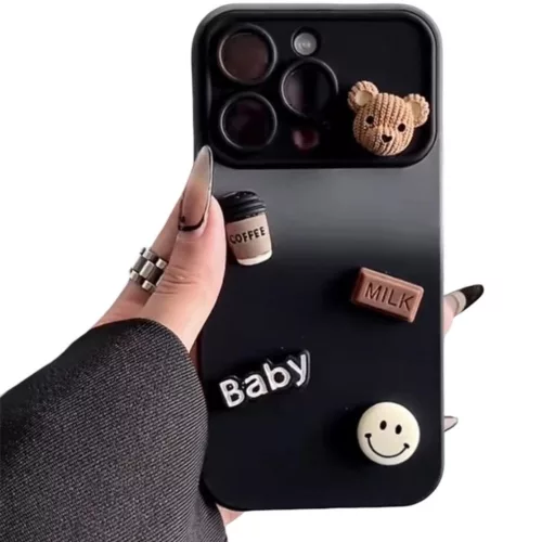 Apple iPhone 15 Pro, Szilikon tok, színátmenetes, 3D maci, kávé, smile minta, Teddy Bear Coffee Case, szürke/fekete