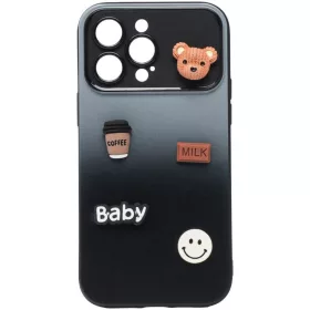   Apple iPhone 15, Szilikon tok, színátmenetes, 3D maci, kávé, smile minta, Teddy Bear Coffee Case, szürke/fekete