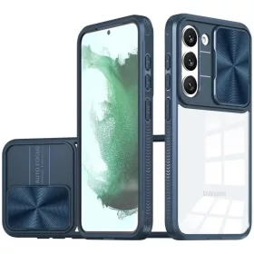   Samsung Galaxy S24 Ultra SM-S928, Műanyag hátlap + szilikon keret, átlátszó akril hátlap, kamera védelem, Wooze Trendy, sötétkék
