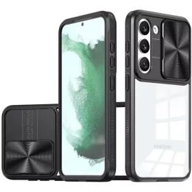   Samsung Galaxy S22 Ultra 5G SM-S908, Műanyag hátlap + szilikon keret, átlátszó akril hátlap, kamera védelem, Wooze Trendy, fekete