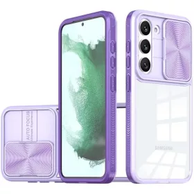   Samsung Galaxy S22 Ultra 5G SM-S908, Műanyag hátlap + szilikon keret, átlátszó akril hátlap, kamera védelem, Wooze Trendy, lila