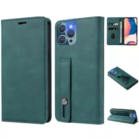   Apple iPhone 16 Plus, Oldalra nyíló tok, stand, kártyatartóval, kézpánttal, Wooze Business Plus, zöld