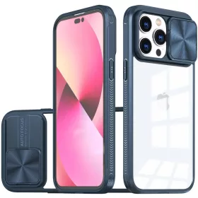   Apple iPhone 16 Pro, Műanyag hátlap + szilikon keret, átlátszó akril hátlap, kamera védelem, Wooze Trendy, sötétkék