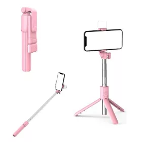   Prémium selfie bot, 19 - 70 cm, forgatható, exponáló gombbal, bluetooth-os, v4.0, tripod, világítással, R1S, rózsaszín
