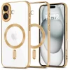Apple iPhone 16, Műanyag hátlap védőtok + szilikon keret, közepesen ütésálló, Magsafe töltővel kompatibilis, fényes keret, Magflex Magsafe, átlátszó/arany
