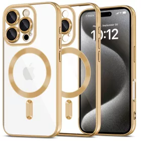  Apple iPhone 16 Pro Max, Műanyag hátlap védőtok + szilikon keret, közepesen ütésálló, Magsafe töltővel kompatibilis, fényes keret, Magflex Magsafe, átlátszó/arany