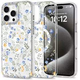   Apple iPhone 16 Pro Max, Műanyag hátlap védőtok + szilikon keret, Magsafe töltővel kompatibilis, tavaszi virág minta, Magmood Magsafe Spring Flowers, mintás/átlátszó
