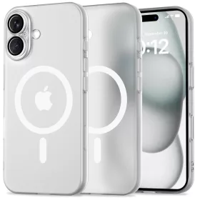   Apple iPhone 16, Műanyag hátlap védőtok + szilikon keret, közepesen ütésálló, Magsafe töltővel kompatibilis, Magslim Magsafe, áttetsző/fehér