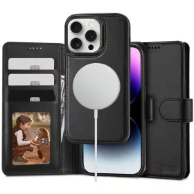   Apple iPhone 16 Pro, Oldalra nyíló tok, stand, mágnes csattal, kivehető tokkal, Magsafe töltővel kompatibilis, TP Wallett Magsafe, fekete