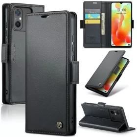   Apple iPhone 15 Pro, Oldalra nyíló tok, stand, kártyatartóval, RFID technológiával, Wooze CaseME, fekete