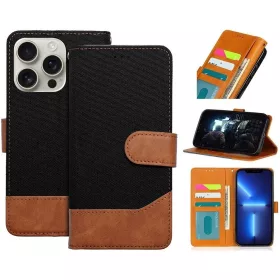   Samsung Galaxy A25 5G SM-A256B, Oldalra nyíló tok, stand, kártyatartóval, farmer minta, Jeans Book, fekete