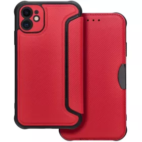   Xiaomi Redmi 14C / Poco C75, Oldalra nyíló tok, légpárnás sarok, bőrhatású, karbon minta, Razor Book, piros