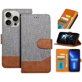   Samsung Galaxy A36 5G SM-A366B, Oldalra nyíló tok, stand, kártyatartóval, farmer minta, Jeans Book, szürke