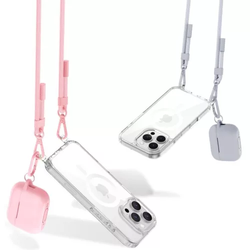 Apple iPhone 16 Pro, Szilikon védőkeret + műanyag hátlap, nyakbaakasztó, Magsafe töltővel kompatibilis, FlexAir Chain Magsafe, átlátszó (szürke, rózsaszín)