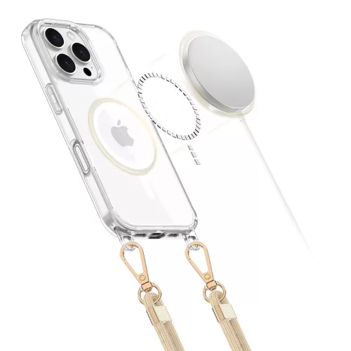 Apple iPhone 16 Pro Max, Szilikon védőkeret + műanyag hátlap, nyakbaakasztó, Magsafe töltővel kompatibilis, FlexAir Chain Magsafe, átlátszó (fekete, beige)