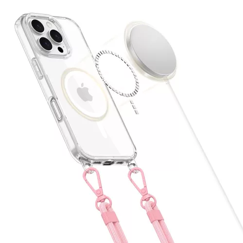 Apple iPhone 16 Pro Max, Szilikon védőkeret + műanyag hátlap, nyakbaakasztó, Magsafe töltővel kompatibilis, FlexAir Chain Magsafe, átlátszó (szürke, rózsaszín)